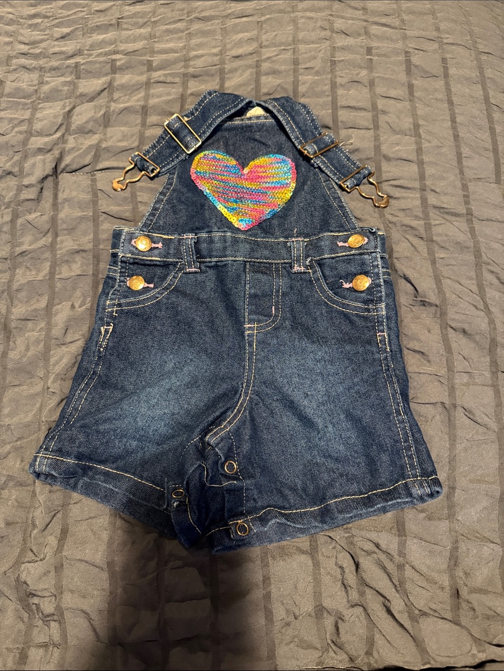 Dark Blue Kids Denim Short Overalls with Rainbow Heart Patch
